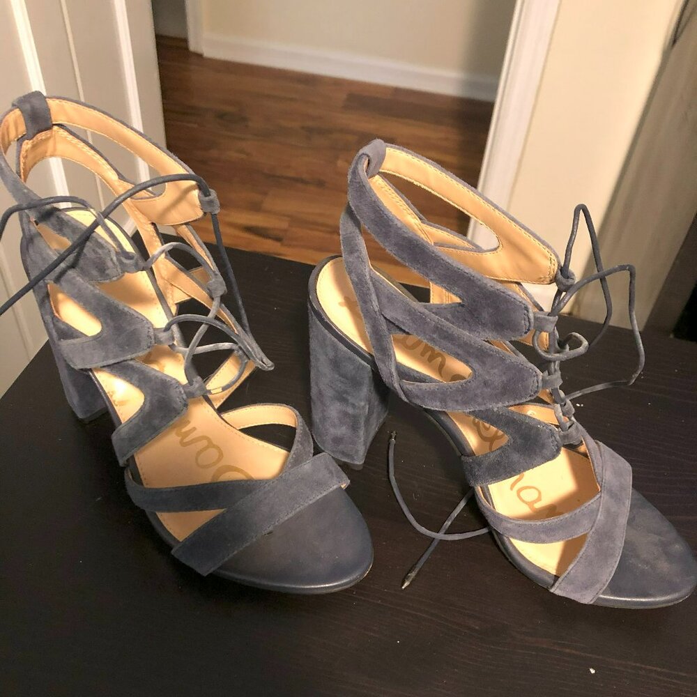 Sam Edelman US 8.5 Lace Up Yardley Suede Leather Navy Blue High Heel Sandals